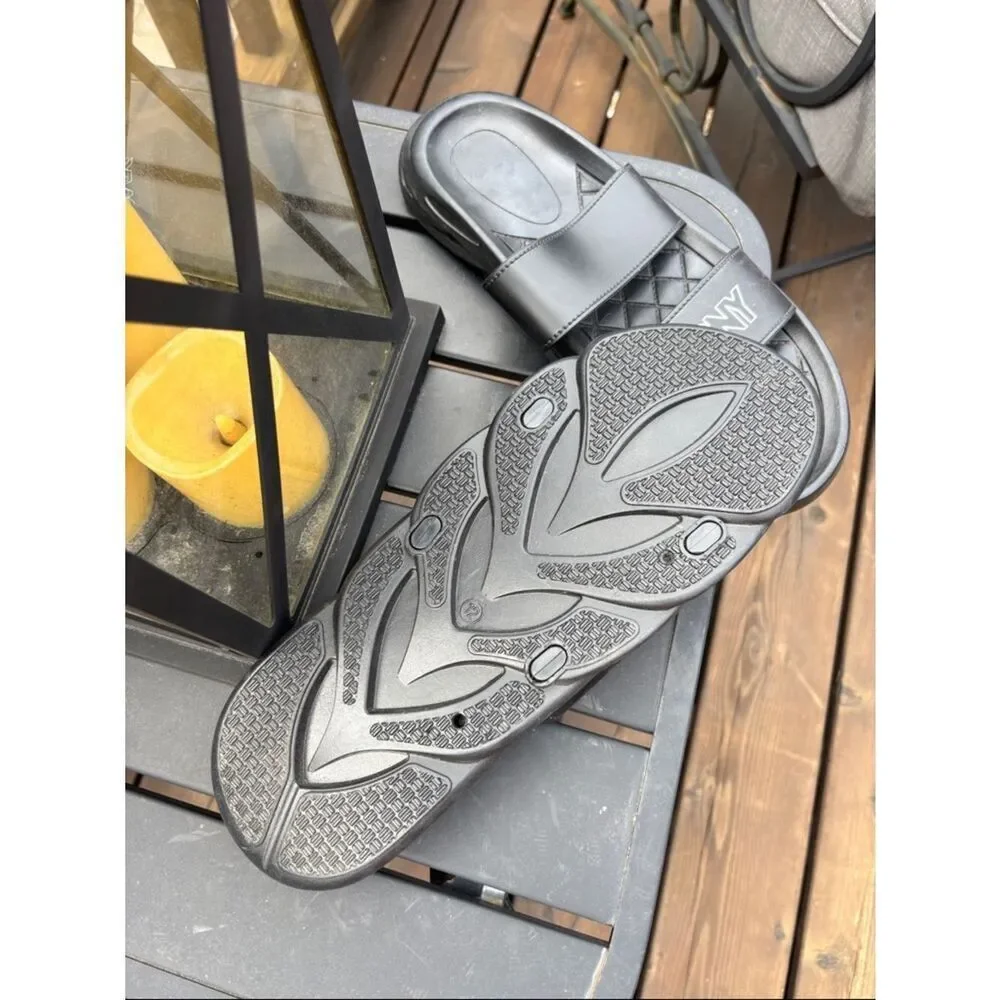 Pony Black Quilted Strap Slide Sandals